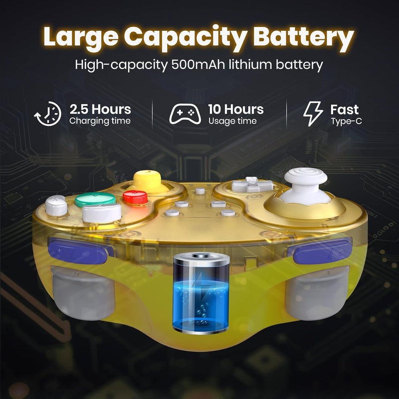 SAFFUN 2.4 GHz Wireless GameCube Controller, for NGC GameCube Console (Built-in Rumble) (Analog Stick) (Analog Triggers) (Rechargeable) (Plug and Play) Clear Yellow - Image 4